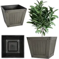 Kadax Tuinpot van kunststof, 30 x 25 cm, imitatie hout, lichte pot, weerbestendige bloempot, tuinpot voor balkon, terras, plantenpot, bloembak (donkergrijs)