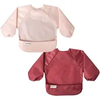 Tiny Love Mess Proof Baby Slabbetje, 2-pack Slabbetje met lange mouwen, Waterdichte Slabbetjes voor Peuters, Machinewasbaar, Trekvast (Rose Burgundy, Klein 6-24 Maanden)