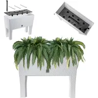 Kadax Bloempot op poten, verhoogd bloembed van kunststof in 2 maten, plantenbak in rotanmotief, bloembak voor tuin, balkon, terras, plantenbak, kruidenbed, 60 cm, wit