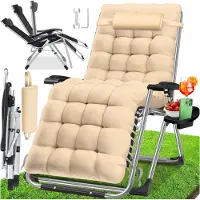 Kesser Ligstoel Opvouwbaar Met Drinkhouder Tuinstoel Met Kussen, Ligbed, Extra Grote Tuinligstoel, Verstelbare Rugleuning Tuinligstoel Met Kussensteun - Beige