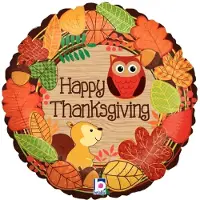Betallic Thanksgiving folieballon 45 cm (flat) “Happy Thanksgiving” – herfstdesign met uil en eekhoorn – – helium of lucht – zonder plastic verpakking