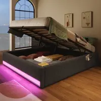 Merax Gestoffeerd bed - 140x200cm - afstandsbediening LED lichtstrip met USB en Type-C met kleine opbergtas - geen matras - grijs
