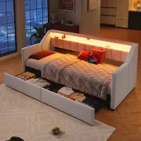Merax Slaapbank - 90 x 200 cm - met USB en Type-C - LED-verlichting - met 2 lades - multifunctioneel uitschuifbaar bed - zonder matras - beige