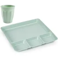 PlasticForte Vakjesborden 6x - met bekers 6x - groen - kunststof - gourmetborden - bbq borden - servies