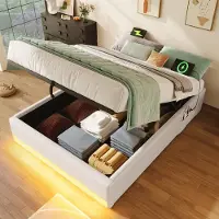 Merax Gestoffeerd bed - 90x200cm - afstandsbediening LED-strip met USB en Type-C met kleine opbergtas - geen matras - beige