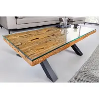Invicta Massieve salontafel BARRACUDA 110cm antiek naturel teakhout X-frame glazen blad - 6045679