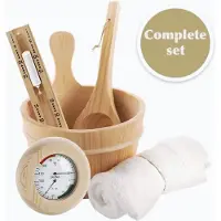 Cosas Sauna Set - Accessoires - Emmer met Lepel - Thermometer en Hygrometer - Handdoek - Zandloper - Spa Pakket - wit zand