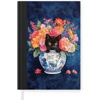 MuchoWow Notitieboek - Schrijfboek - Kat - Felgekleurde bloemen - Vaas - Notitieboekje klein - A5 formaat - Schrijfblok