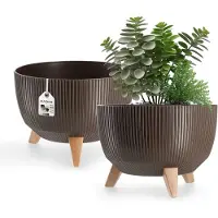 Kadax Bloempot, van kunststof, met drie insteeksteunen, rond, bloemenschaal, plantenbak, bloembak, voor balkon, woonkamer, 29 cm diameter, bruin