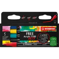 Stabilo free acrylmarker T100 Royal, ronde punt, 1-2 mm, geassorteerde kleuren, pak van 5 stuks