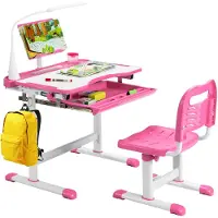 Costway Kinderbureauset met boekenstandaard en ledlicht, in hoogte verstelbare kindertafel en stoel met kantelbaar tafelblad en lade, kinderbureau voor jongens en meisjes (roze)