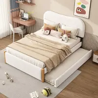 Merax Plat bed van 140x200 cm - gestoffeerd met praktisch uitschuifbaar opklapbed - minimalistisch design - wit