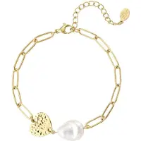 Yehwang Goudkleurige dames armband met hart & parel – Roestvrij staal – 21 cm + 3 cm verstelbaar