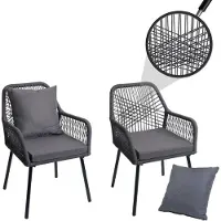 Mendler Set van 2 tuinstoelen, model HWC-O12, met buitenkussens voor de zitting en rugleuning. Frame van aluminium, bekleed met rope-vlechtwerk in antracietkleur. Bekleding in donkergrijs