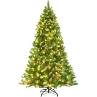 Costway Kunstkerstboom met warmwitte led-lichtsnoer, dennenboom met metalen standaard, kerstboom van pvc, 135/200 cm, groen (200 cm)