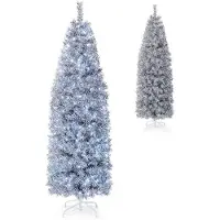 Costway Kunstkerstboom van 180 cm Scharnierende Slanke Kerstboom met 250 Koelwitte LED-Verlichting 475 Takpunten en Metalen Voet