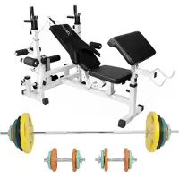 Gorilla Sports Universele Halterbank Wit Met 100 kg Halterset Gripper Gietijzer Rubber Coating - Schroefsluiting 30 mm