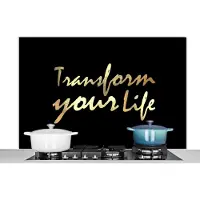 KitchenYeah Spatscherm keuken 120x80 cm - Kookplaat achterwand Quote - Leven - Goud - Zwart - Muurbeschermer - Spatwand fornuis - Hoogwaardig aluminium