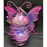 Impuls Metaal hangende solarlamp "Paarse vlinder rond" - meerkleurig - met 1 LED - Hangend en Staand model - hoogte 12 x 16 x 11 cm - Tuindecoratie - Tuinverlichting
