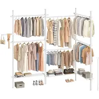 Songmics Telescoop kledingrek met verstelbare stangen en planken, Mat wit / 33,5 x (240-353) x (208-310) cm