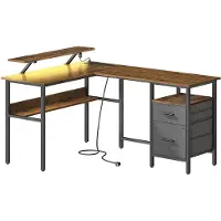 Vasagle L-vormig bureau met ingebouwde stopcontacten en monitorstandaard, Vintage bruin