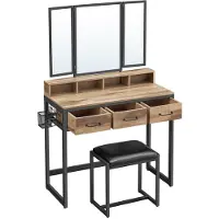 Vasagle Kaptafel met krukje en drievoudige spiegel, Eiken bruin + zwart
