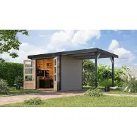Karibu Gartenhaus, hybride model Jupiter 3, in een set met aanbouw, ongeveer 2,35 meter breed, kleur: watergrijs, afmetingen: 454,5 x 213,5 x 209 cm