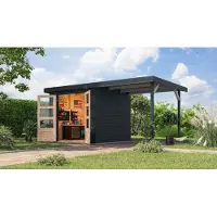 Karibu Gartenhaus Hybride model Jupiter 3, in een set met aanbouw, ongeveer 2,35 meter breed, antraciet, afmetingen 454,5 x 213,5 x 209 cm