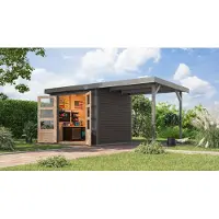 Karibu Gartenhaus, hybride model Jupiter 3, in een set met een uitbouw, ongeveer 2,35 meter breed, kleur: terragrond, afmetingen: 454,5 x 213,5 x 209 cm