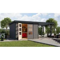Karibu Gartenhaus, hybride model Jupiter 5, in een set met een uitbouw, ongeveer 2,35 meter breed, kleur: terragrauw, afmetingen: 514,5 x 242,5 x 209 cm