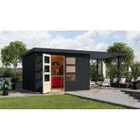 Karibu Gartenhaus Hybride tuinhuis, model Jupiter 5, in een set met uitbouw, ongeveer 2,35 meter breed, antracietkleurig, afmetingen 514,5 x 242,5 x 209 cm