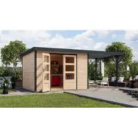 Karibu Gartenhaus, hybride model Jupiter 5, in een set met een uitbouw, ongeveer 2,35 meter breed, in natuurlijke staat, afmetingen: 514,5 x 242,5 x 209 cm