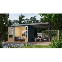 Karibu Gartenhaus, hybride model Jupiter 2, in een set met een uitbouw, ongeveer 2,35 meter breed, antracietkleurig, afmetingen 438x213x208,5 cm