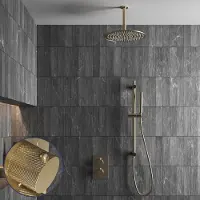 Saniclear Brass Curved inbouw regendouche met 20cm hoofddouche, plafondarm en glijstang geborsteld messing - mat goud