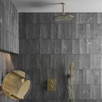 Saniclear Brass Curved inbouw regendouche met 20cm hoofddouche, plafondarm en 2 standen handdouche geborsteld messing - mat goud