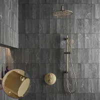 Saniclear Brass Stripes inbouw regendouche rond met 30cm hoofddouche, muurarm, 2 standen handdouche en glijstang geborsteld messing - mat goud