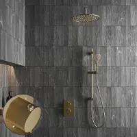 Saniclear Brass Stripes inbouw regendouche met 20cm hoofddouche, muurarm, 2 standen handdouche en glijstang geborsteld messing - mat goud