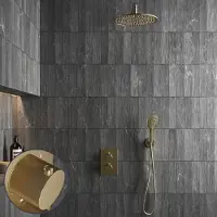 Saniclear Brass Stripes inbouw regendouche met 30cm hoofddouche, muurarm en 2 standen handdouche geborsteld messing - mat goud