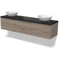 Maxaro Modulo Plato Badkamermeubel voor waskom | 180 cm Eiken Greeploos front Zwart eiken blad 3 lades naast elkaar