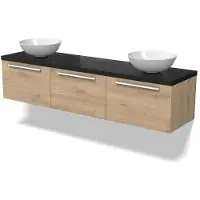 Maxaro Modulo Plato Badkamermeubel voor waskom | 180 cm Lichtbruin eiken Vlak front Zwart eiken blad 3 lades naast elkaar
