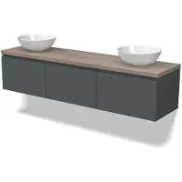 Maxaro Modulo Plato Badkamermeubel voor waskom | 180 cm Donkergrijs Greeploos front Eiken blad 3 lades naast elkaar