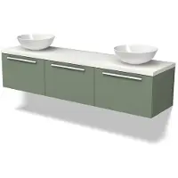 Maxaro Modulo Plato Badkamermeubel voor waskom | 180 cm Saliegroen Vlak front Mat wit blad 3 lades naast elkaar