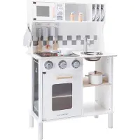 Woet Houten Speelgoed Kinderkeuken - Speelkeukentje met Kookplaat met Licht en Geluid - Speelkeuken Wit met Diverse Accessoires - Werkbladhoogte 55 cm - Rollenspel - Vanaf 3 Jaar