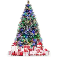 Costway Kunstkerstboom 210 cm met sneeuw - - Met verlichting 450 LEDs, Dennenappels en Rode Bessen - 1116 takken - 11 Lichtstanden - Groen