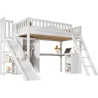 Merax Hoogslaper 90x200 met Glijbaan - Eenpersoonsbed met Bureau en Kast – Wit