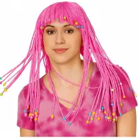 Partyproduct Roze Verkleed Pruik met Kralen – Vlechtjes Feestpruik – Carnaval & Themafeest – One Size