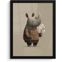 PosterMonkey Poster in lijst - Fotolijst 30x40 cm - Posters - Neushoorn - Witte bloemen - Lief - Posterlijst zwart - Decoratie - Wanddecoratie woonkamer - Muurdecoratie slaapkamer
