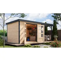 Karibu Gartenhaus, hybride model Jupiter 4, in een set met een uitbouw, ongeveer 2,35 meter breed, in natuurlijke staat, afmetingen: 514,5 x 213,5 x 209 cm