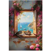 PosterMonkey Poster 80x120 cm - Kat - Blauwe zee - Roze bloemen - Posters - Kamer decoratie - Wanddecoratie woonkamer - Muurdecoratie slaapkamer