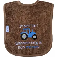 Funnies Bruine slab met "Ik ben hier! Wanneer krijg ik mijn tractor?" - blauwe tractor - lief, kraamcadeautje, cadeau, babyshower, blauw, boer, boeren, werktuig